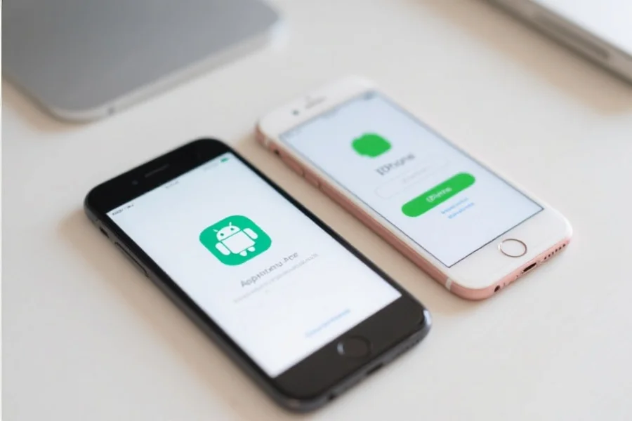 展示一部Android和一部iPhone手机分别正在显示App安装界面，桌面简洁，突出App标志
